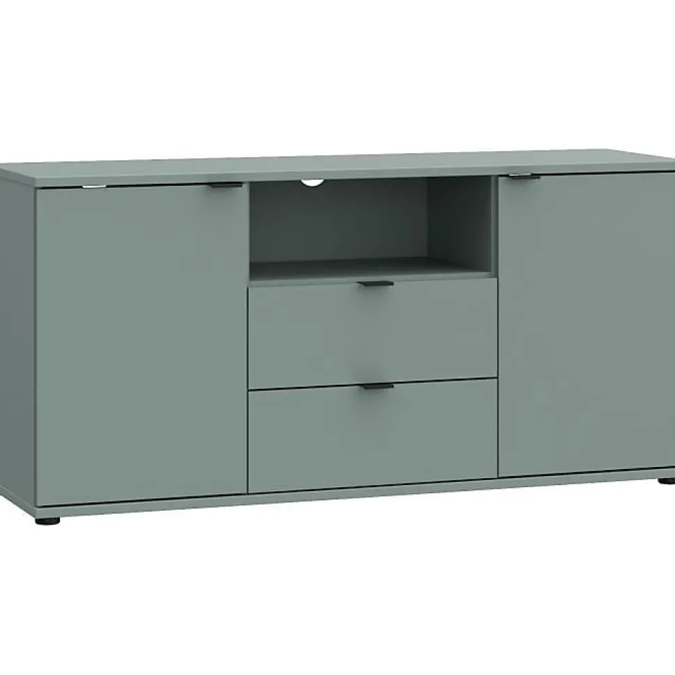 Meuble TV GANYMEDE 130 cm Sauge 2 portes 2 tiroirs 1 niche panneaux de particules