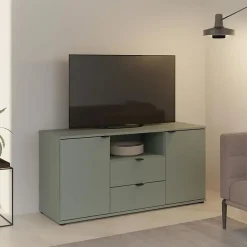Meuble TV GANYMEDE 130 cm Sauge 2 portes 2 tiroirs 1 niche panneaux de particules