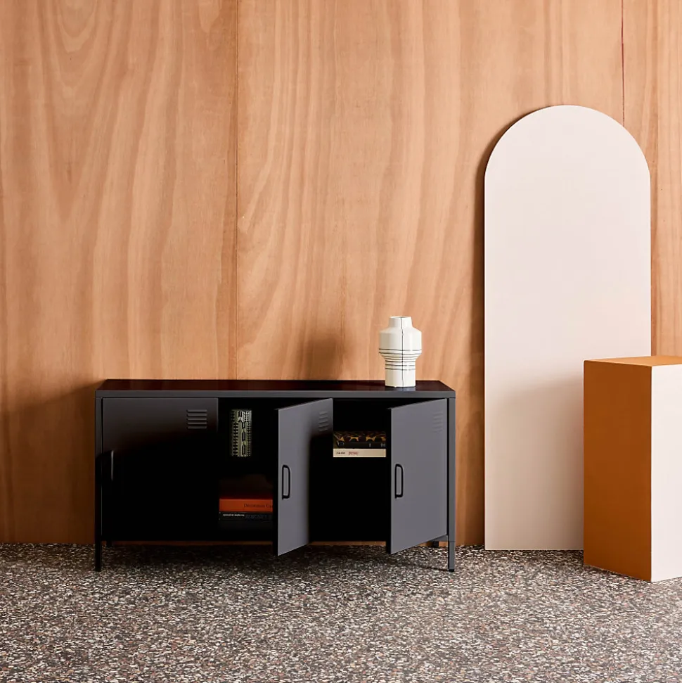 Meuble TV industriel métal noir 3 portes 120cm - Alabama