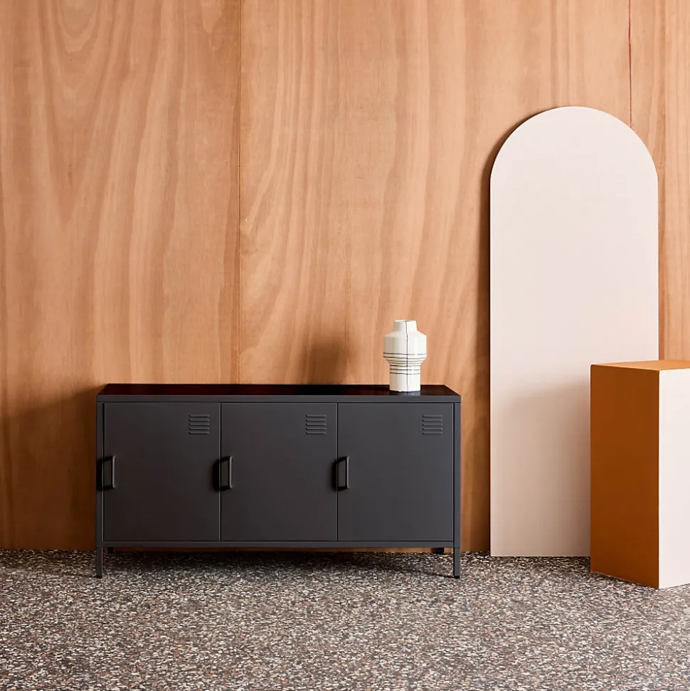 Meuble TV industriel métal noir 3 portes 120cm - Alabama