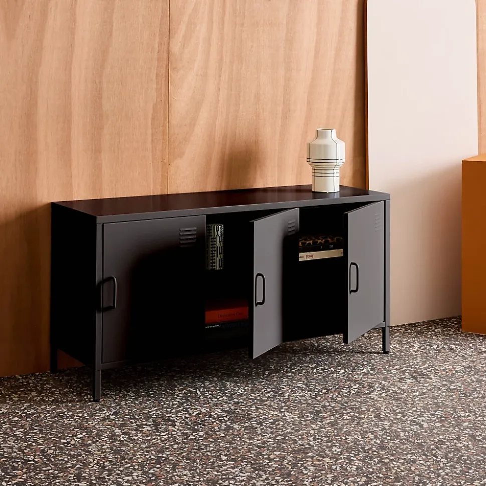 Meuble TV industriel métal noir 3 portes 120cm - Alabama