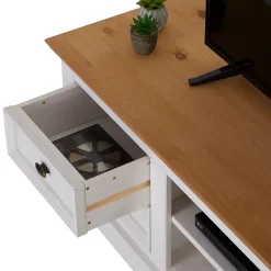 Meuble TV KENT L 144 cm en bois massif - Blanc et brun