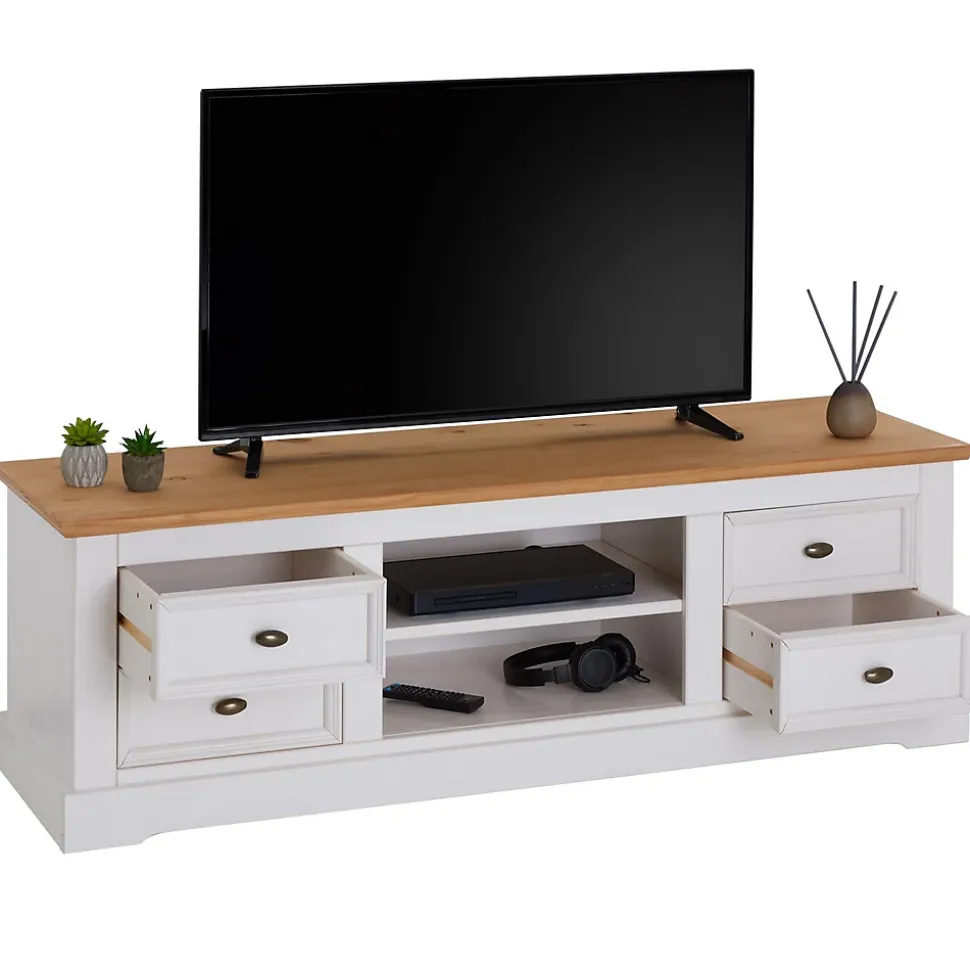 Meuble TV KENT L 144 cm en bois massif - Blanc et brun