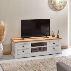 Meuble TV KENT L 144 cm en bois massif - Blanc et brun
