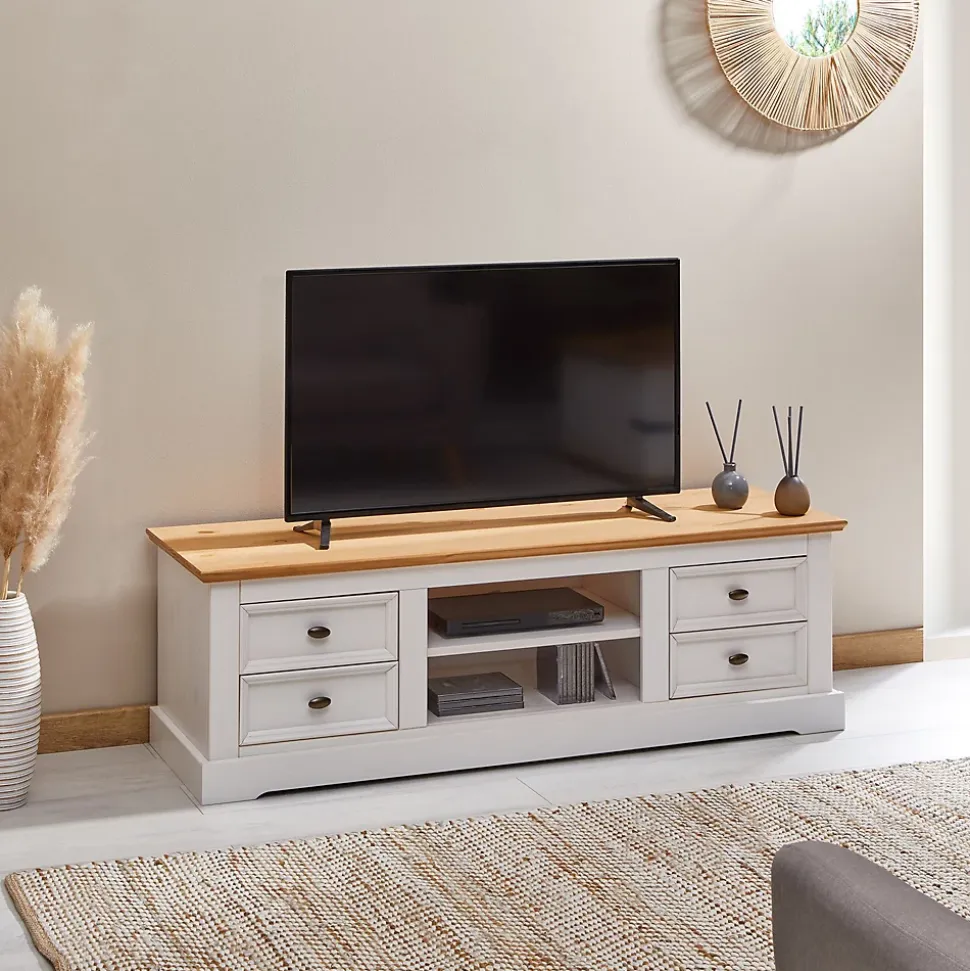 Meuble TV KENT L 144 cm en bois massif - Blanc et brun