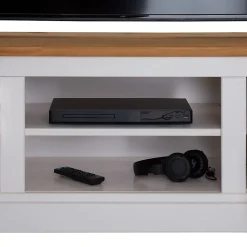 Meuble TV KENT L 144 cm en bois massif - Blanc et brun