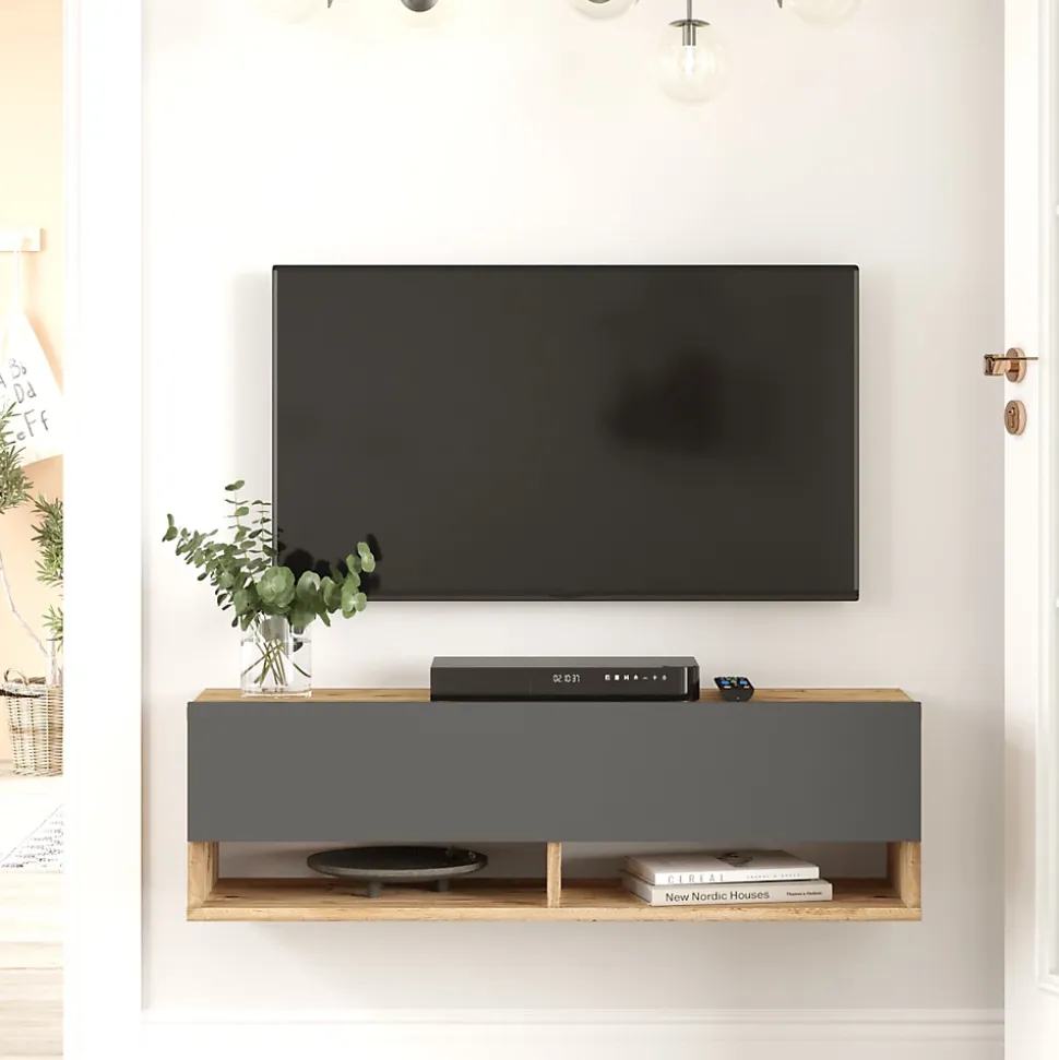 Meuble TV Laitila à porte 29,5 x 100 x 31,5 cm effet bois de pin / anthracite en.casa