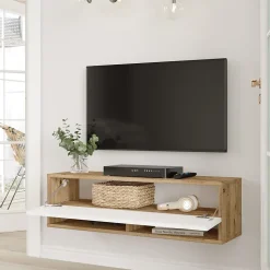 Meuble TV Laitila à porte 29,5 x 100 x 31,5 cm effet bois de pin / blanc en.casa