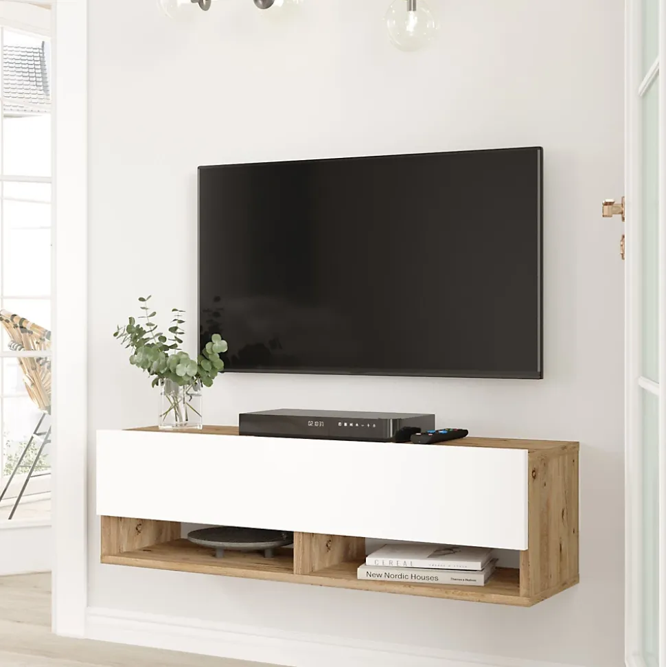 Meuble TV Laitila à porte 29,5 x 100 x 31,5 cm effet bois de pin / blanc en.casa