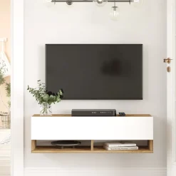 Meuble TV Laitila à porte 29,5 x 100 x 31,5 cm effet bois de pin / blanc en.casa