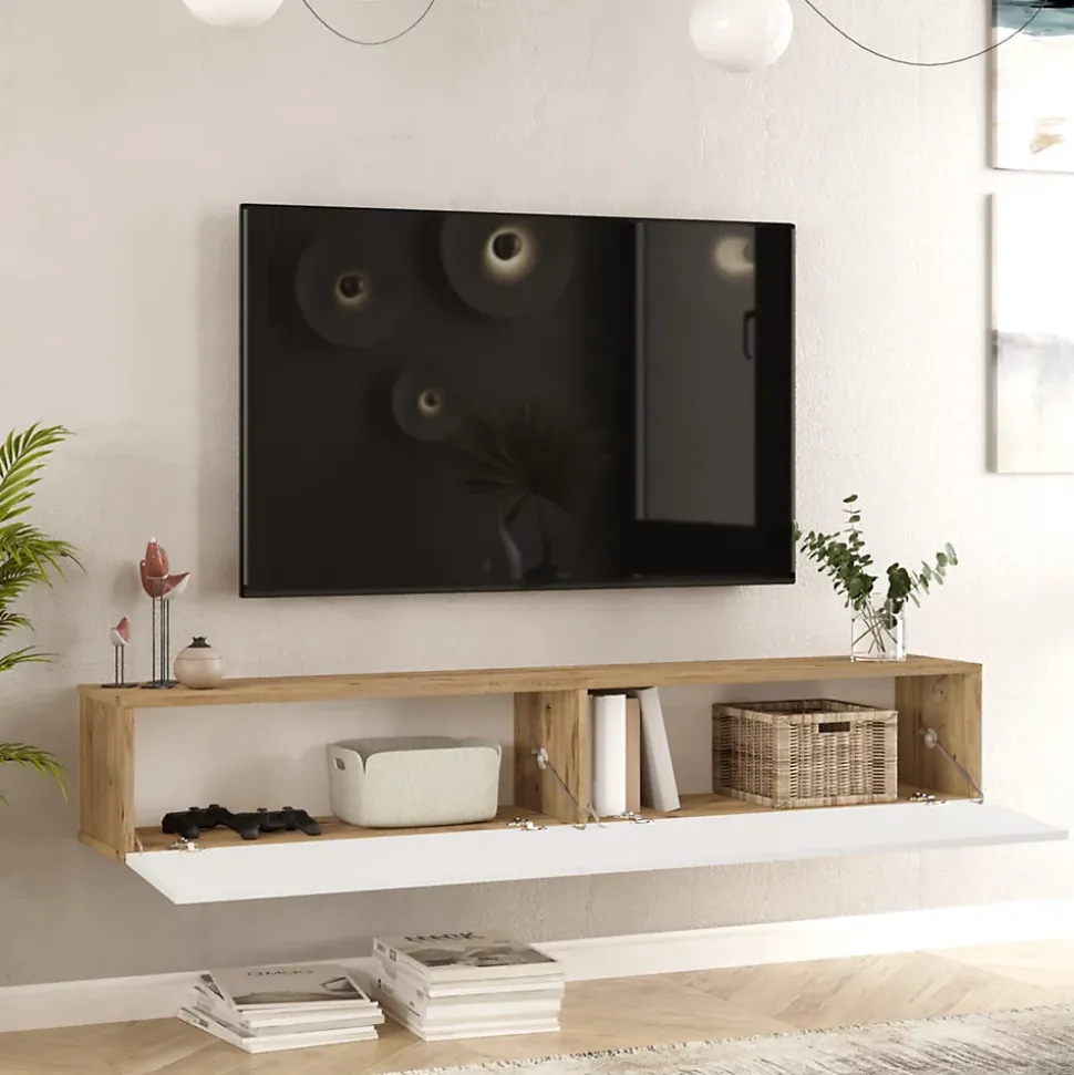 Meuble TV Lapinlahti à 2 portes 29,5 x 180 x 31,5 cm effet bois de pin / blanc en.casa