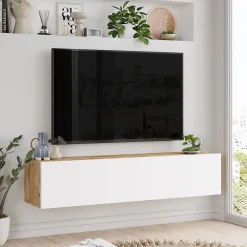 Meuble TV Lapinlahti à 2 portes 29,5 x 140 x 31,5 cm effet bois de pin / blanc en.casa