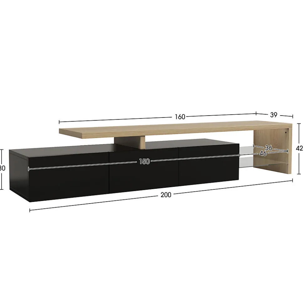 Meuble TV LED 2 pièces, banc TV 200x39x42 cm, éclairage LED RGB réglable, charge 60 kg, pour salon ou chambre, noir