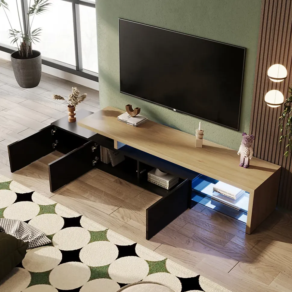 Meuble TV LED 2 pièces, banc TV 200x39x42 cm, éclairage LED RGB réglable, charge 60 kg, pour salon ou chambre, noir