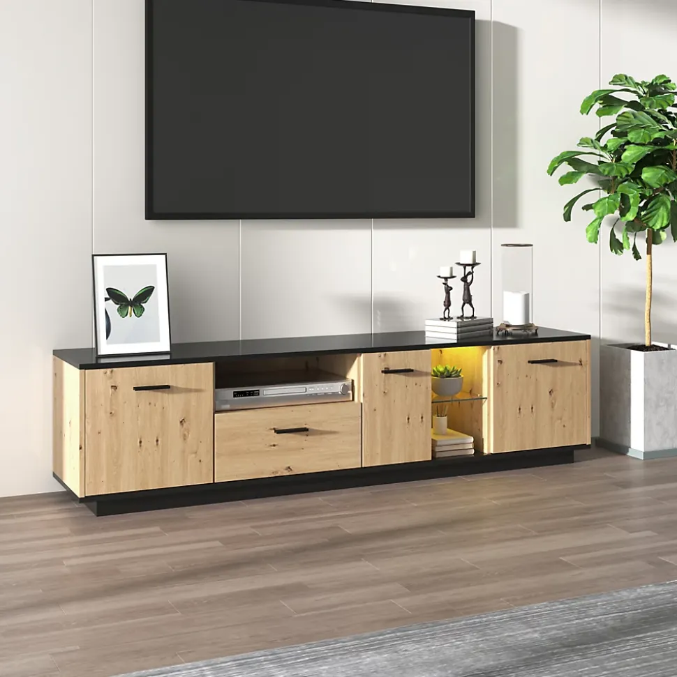 Meuble TV LED Avec 3 Portes, 2 Compartiments Ouverts Et 1 Tiroir Pour Salon, Chambre