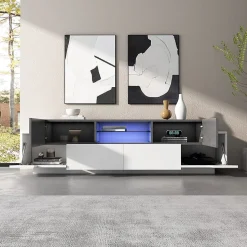 Meuble TV LED blanc/gris, étagères verre, pour TV 55-80"
