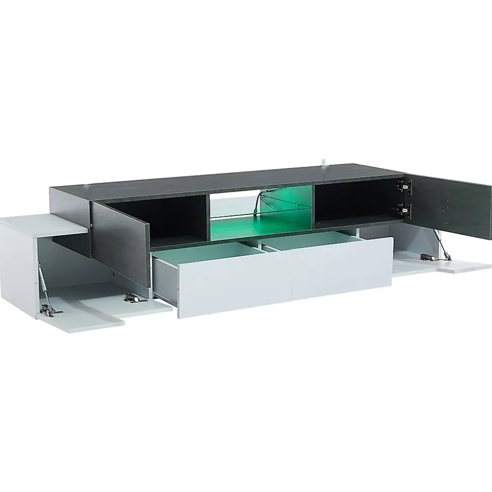 Meuble TV LED blanc/gris, étagères verre, pour TV 55-80"