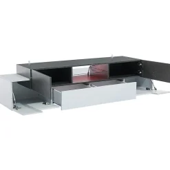 Meuble TV LED blanc/gris, étagères verre, pour TV 55-80