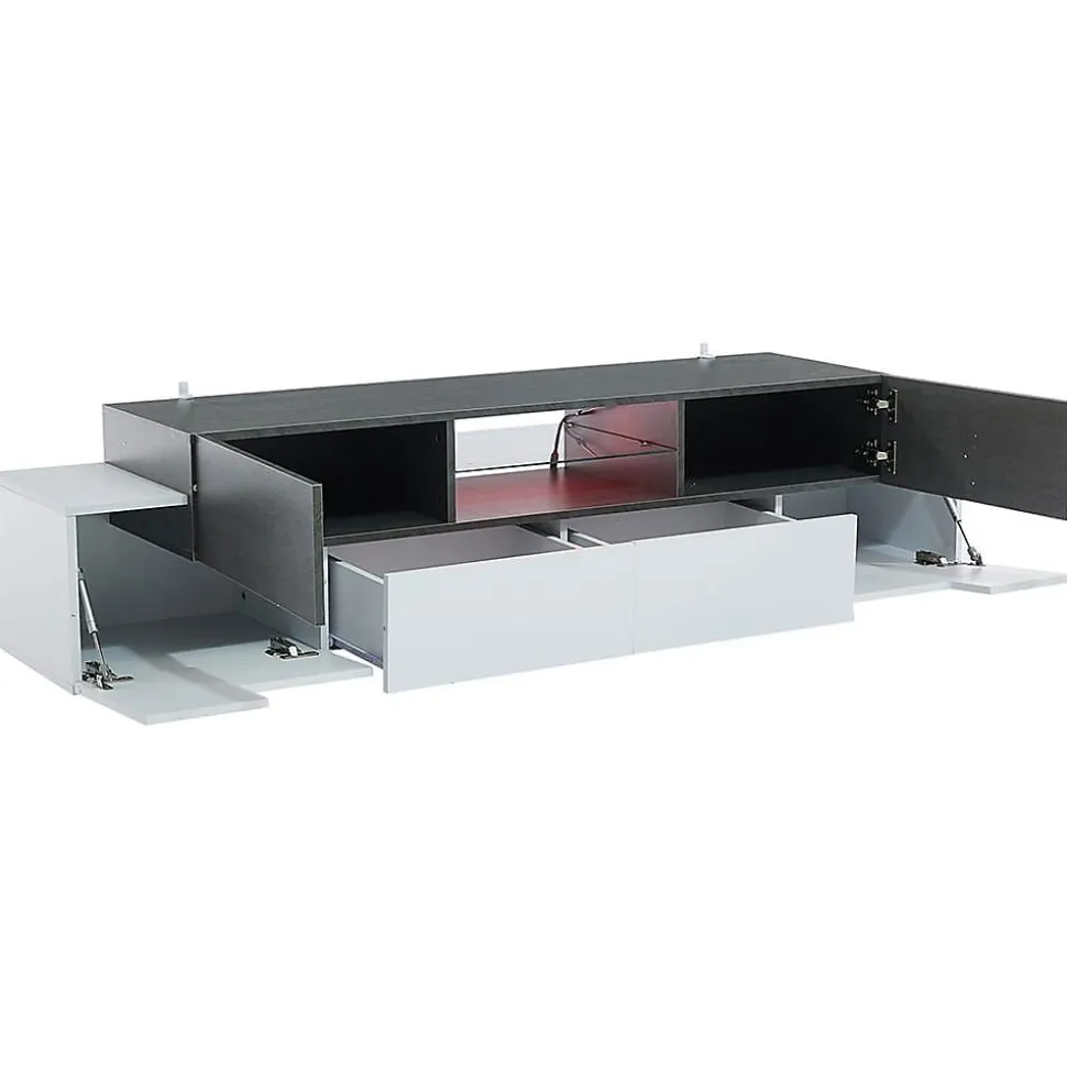 Meuble TV LED blanc/gris, étagères verre, pour TV 55-80"
