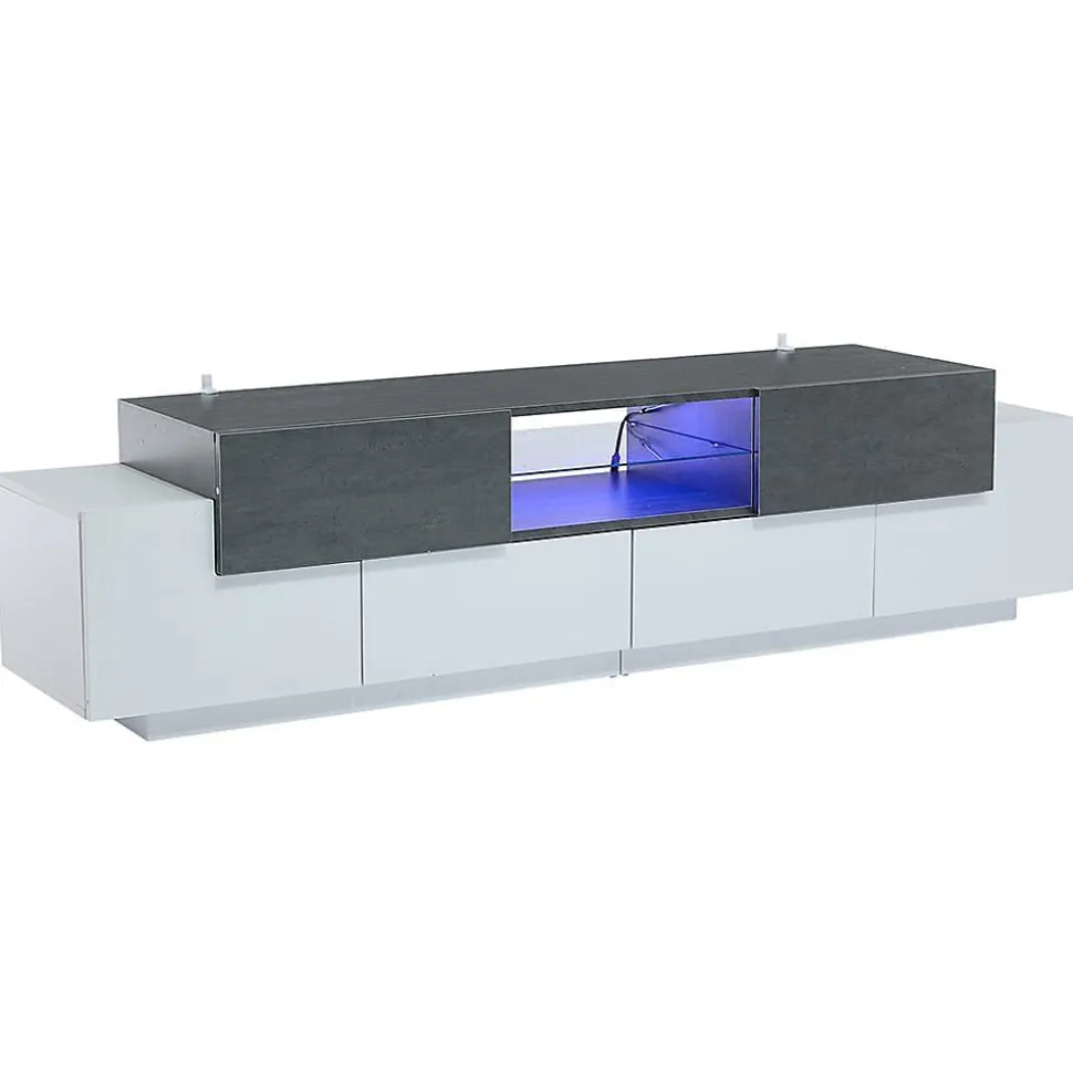 Meuble TV LED blanc/gris, étagères verre, pour TV 55-80"