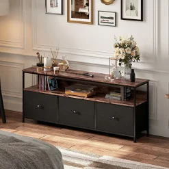 Meuble TV LED moderne, bois, 3 tiroirs, motif tissu noir, tablette rangement, pieds réglables, 137x29.8x78 cm, Noir