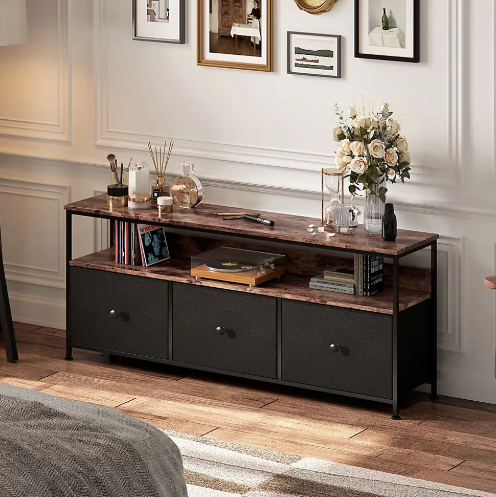 Meuble TV LED moderne, bois, 3 tiroirs, motif tissu noir, tablette rangement, pieds réglables, 137x29.8x78 cm, Noir