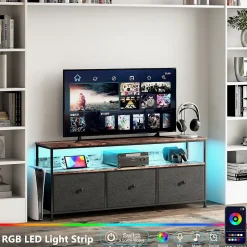 Meuble TV LED moderne, bois, 3 tiroirs, motif tissu noir, tablette rangement, pieds réglables, 137x29.8x78 cm, Noir