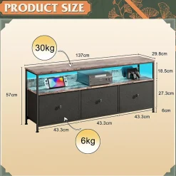 Meuble TV LED moderne, bois, 3 tiroirs, motif tissu noir, tablette rangement, pieds réglables, 137x29.8x78 cm, Noir