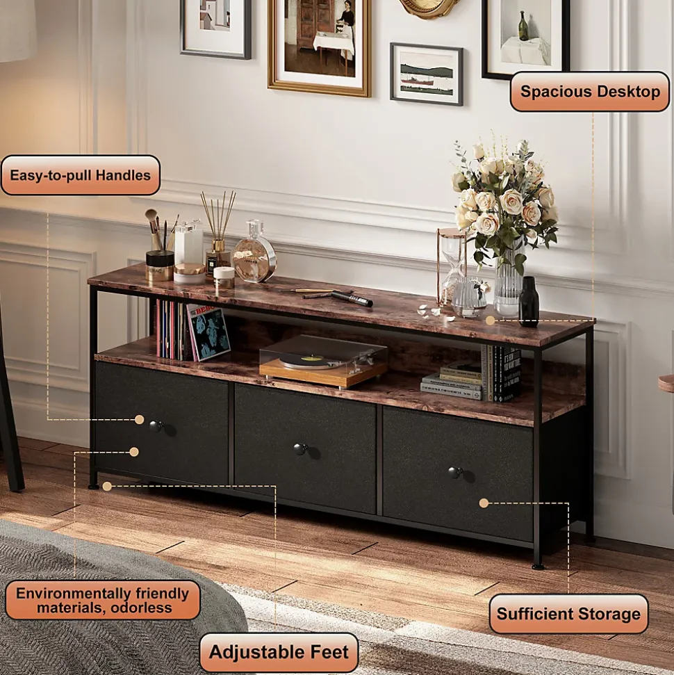 Meuble TV LED moderne, bois, 3 tiroirs, motif tissu noir, tablette rangement, pieds réglables, 137x29.8x78 cm, Noir