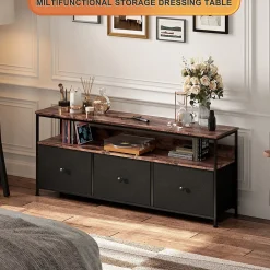 Meuble TV LED moderne, bois, 3 tiroirs, motif tissu noir, tablette rangement, pieds réglables, 137x29.8x78 cm, Noir