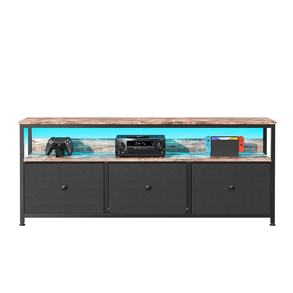 Meuble TV LED moderne, bois, 3 tiroirs, motif tissu noir, tablette rangement, pieds réglables, 137x29.8x78 cm, Noir