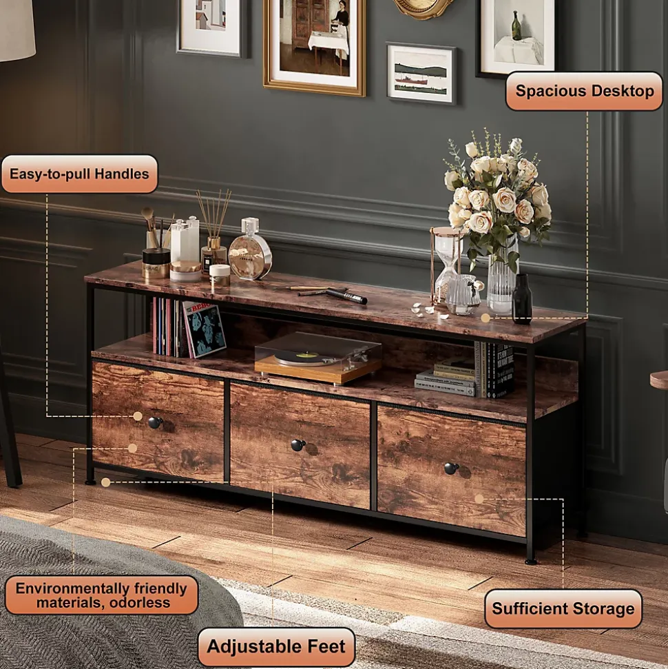 Meuble TV LED moderne, bois, 3 tiroirs, motif tissu noir, tablette rangement, pieds réglables, 108x29.8x78 cm, Naturelle
