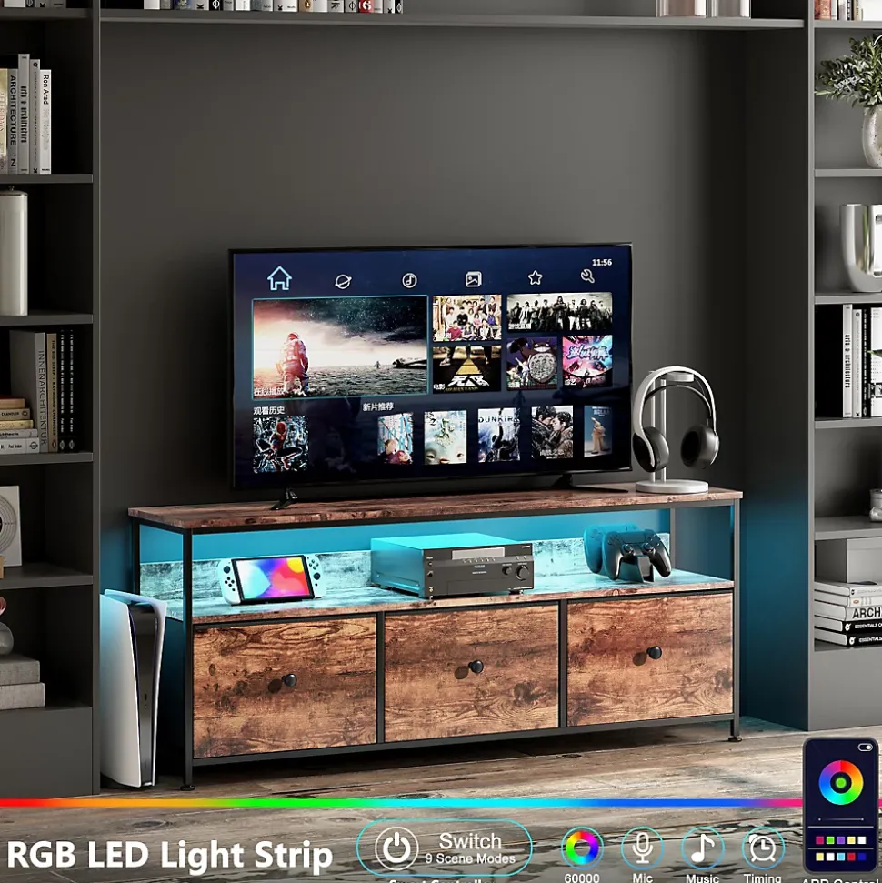 Meuble TV LED moderne, bois, 3 tiroirs, motif tissu noir, tablette rangement, pieds réglables, 108x29.8x78 cm, Naturelle