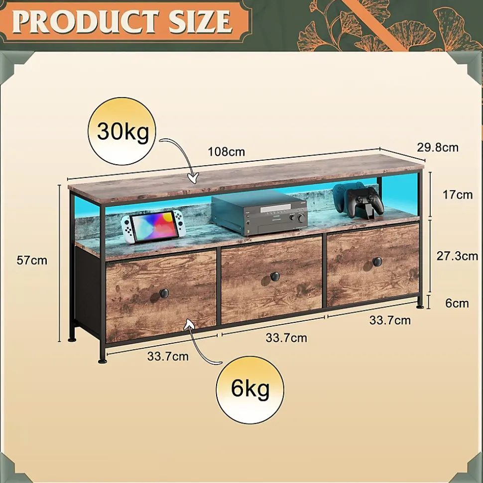 Meuble TV LED moderne, bois, 3 tiroirs, motif tissu noir, tablette rangement, pieds réglables, 108x29.8x78 cm, Naturelle