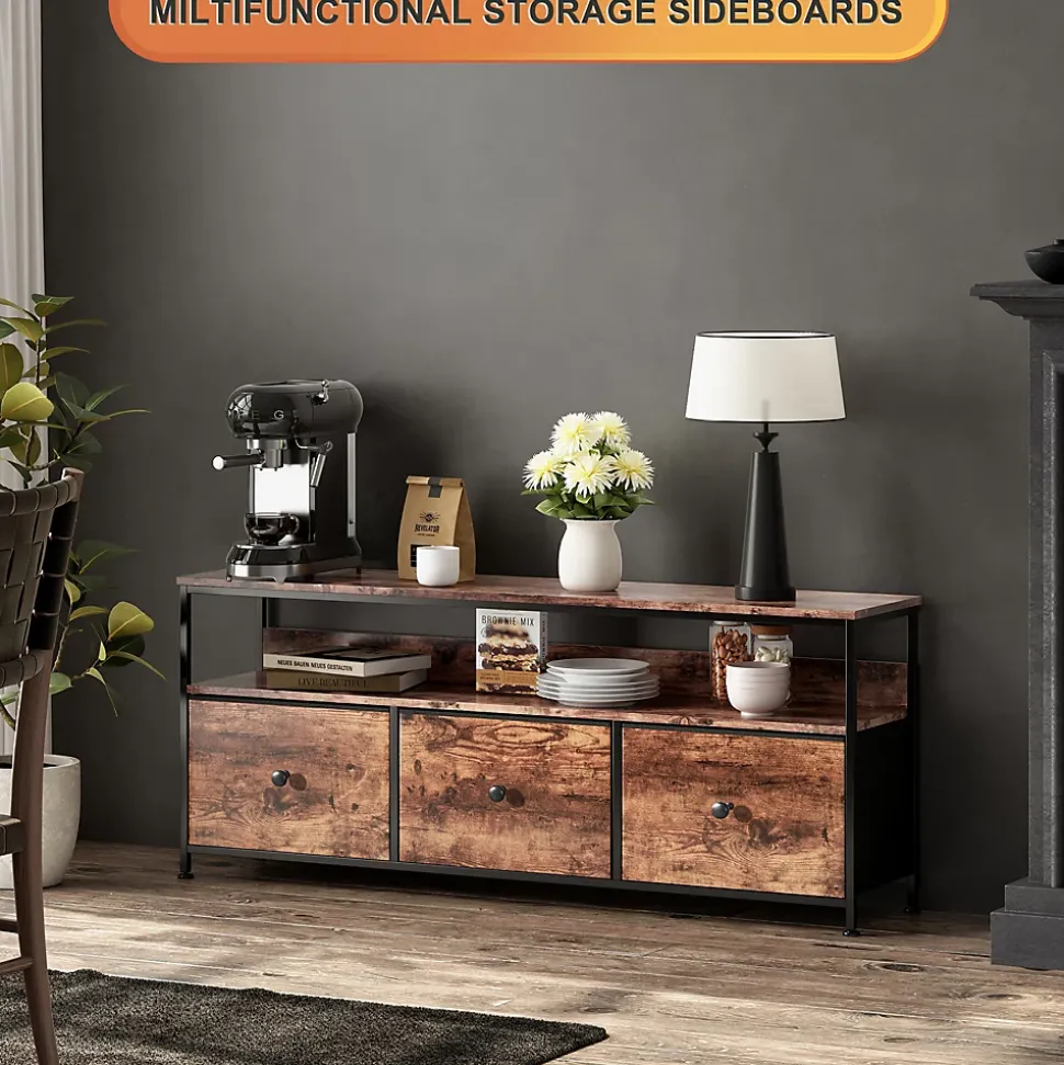Meuble TV LED moderne, bois, 3 tiroirs, motif tissu noir, tablette rangement, pieds réglables, 108x29.8x78 cm, Naturelle