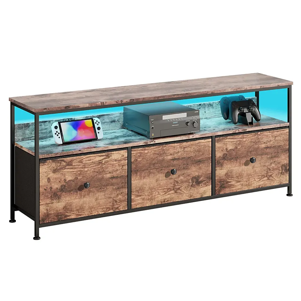 Meuble TV LED moderne, bois, 3 tiroirs, motif tissu noir, tablette rangement, pieds réglables, 108x29.8x78 cm, Naturelle