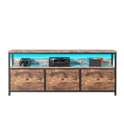 Meuble TV LED moderne, bois, 3 tiroirs, motif tissu noir, tablette rangement, pieds réglables, 108x29.8x78 cm, Naturelle