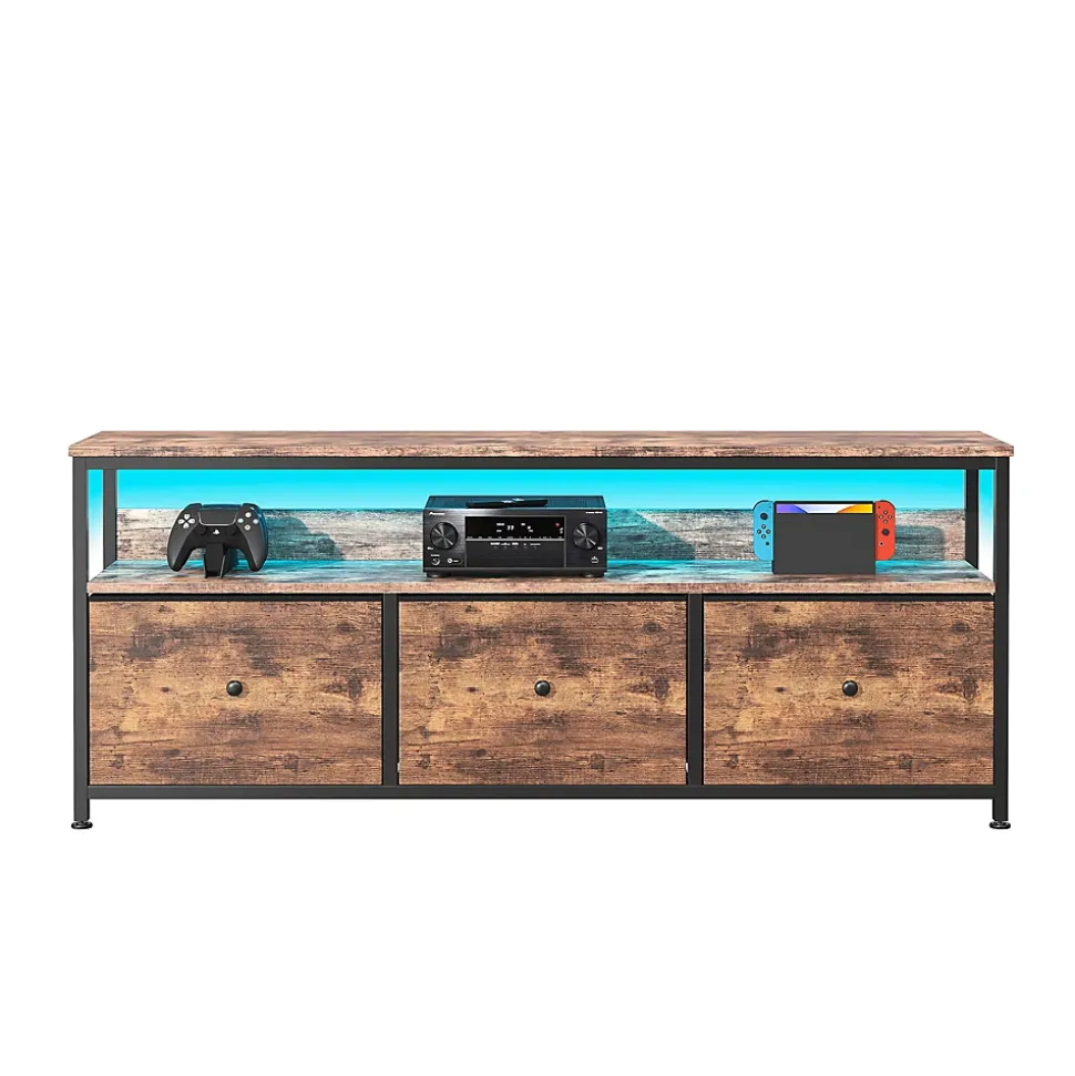 Meuble TV LED moderne, bois, 3 tiroirs, motif tissu noir, tablette rangement, pieds réglables, 108x29.8x78 cm, Naturelle