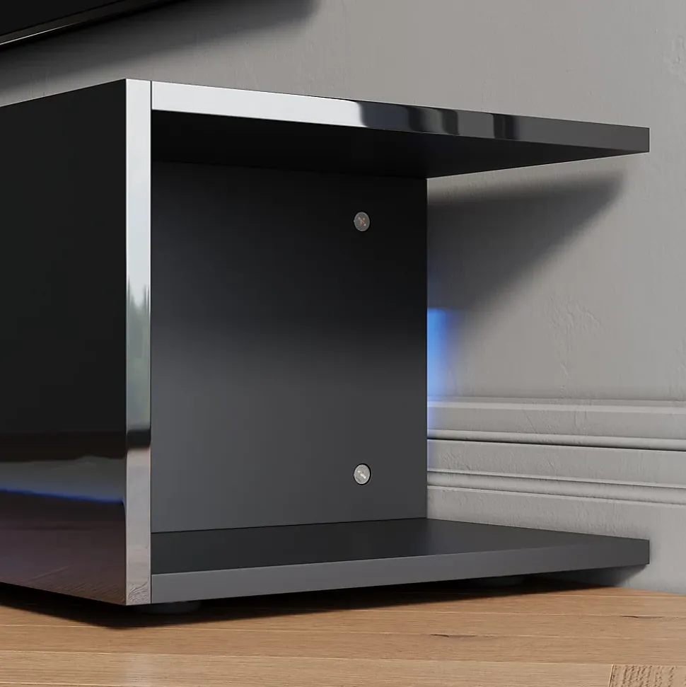 Meuble TV LED SIRHONA Moderne Demi-ouvert Placer Space+Verre Stratifiée+Noir+160cm