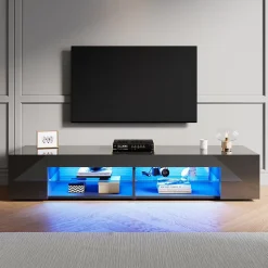 Meuble TV LED SIRHONA Moderne Demi-ouvert Placer Space+Verre Stratifiée+Noir+160cm