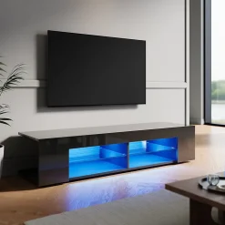 Meuble TV LED SIRHONA Moderne Demi-ouvert Placer Space+Verre Stratifiée+Noir+150cm