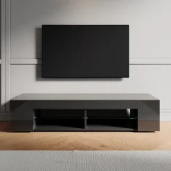 Meuble TV LED SIRHONA Moderne Demi-ouvert Placer Space+Verre Stratifiée+Noir+150cm