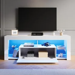 Meuble TV LED SIRHONA Rangement Moderne Sans Poignées + Etagères en Verre + Blanc +140 cm