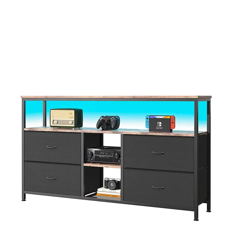 Meuble TV LED 137x30x78cm - 4 tiroirs, 2 compartiments et étagère - tissu cuir et métal noir - Noir