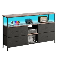 Meuble TV LED 137x30x78cm - 4 tiroirs, 2 compartiments et étagère - tissu cuir et métal noir - Noir
