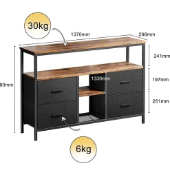Meuble TV LED 137x30x78cm - 4 tiroirs, 2 compartiments et étagère - tissu cuir et métal noir - Noir