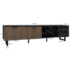 Meuble TV LED 200x50x38cm - avec 2 portes et 2 tiroirs - aspect marbre noir, portes grain de bois foncé - Noir