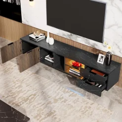 Meuble TV LED 200x50x38cm - avec 2 portes et 2 tiroirs - aspect marbre noir, portes grain de bois foncé - Noir