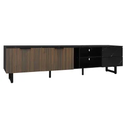 Meuble TV LED 200x50x38cm - avec 2 portes et 2 tiroirs - aspect marbre noir, portes grain de bois foncé - Noir