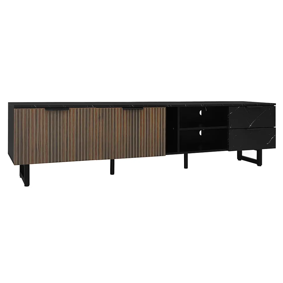 Meuble TV LED 200x50x38cm - avec 2 portes et 2 tiroirs - aspect marbre noir, portes grain de bois foncé - Noir